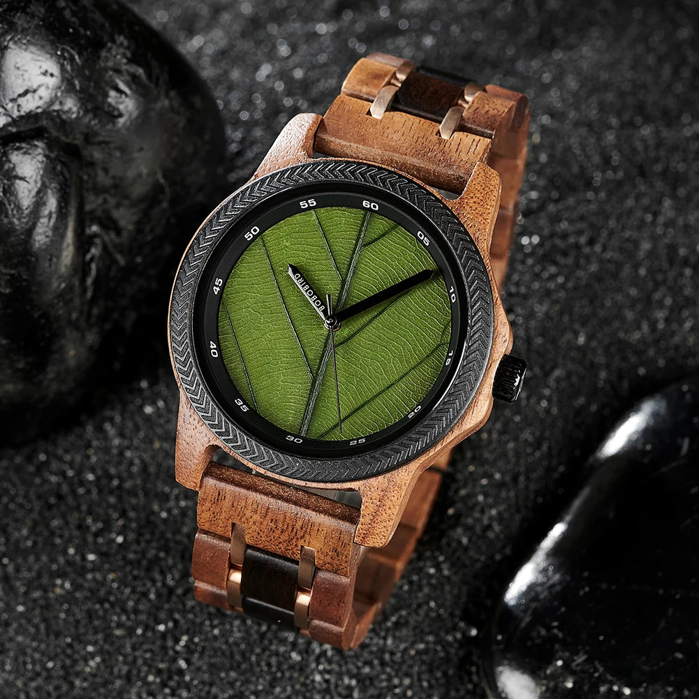 Men's Unique Leaf Dial Design Wooden Wristwatch - Quartz Movement - Analog Display