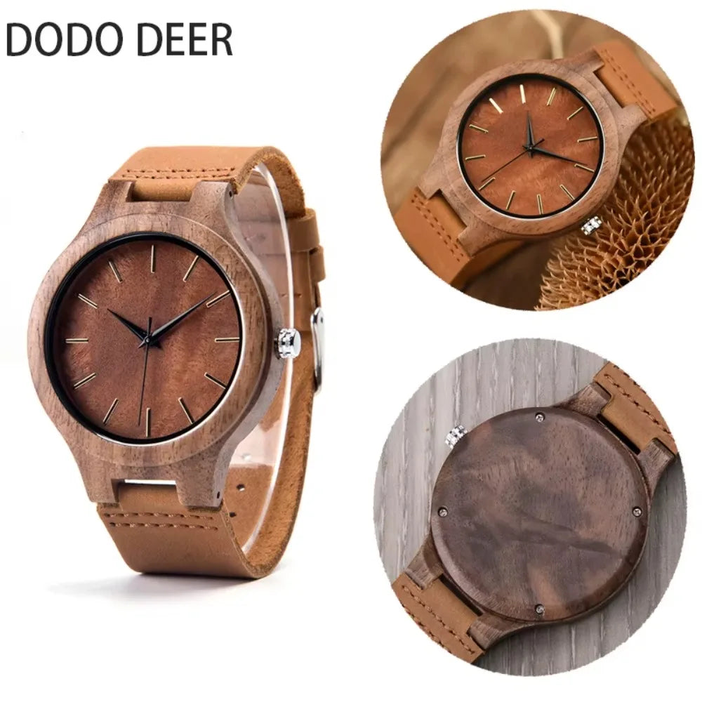 Wooden Unisex Wrist Watches - Classic Analog Quartz Movement With Tan Leather Band