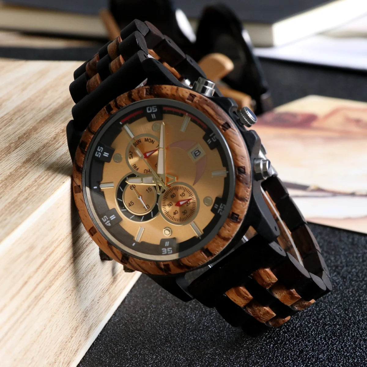 Men’s Sports Wooden Wrist Watch - Multifunction Analog Face & Quartz Movement
