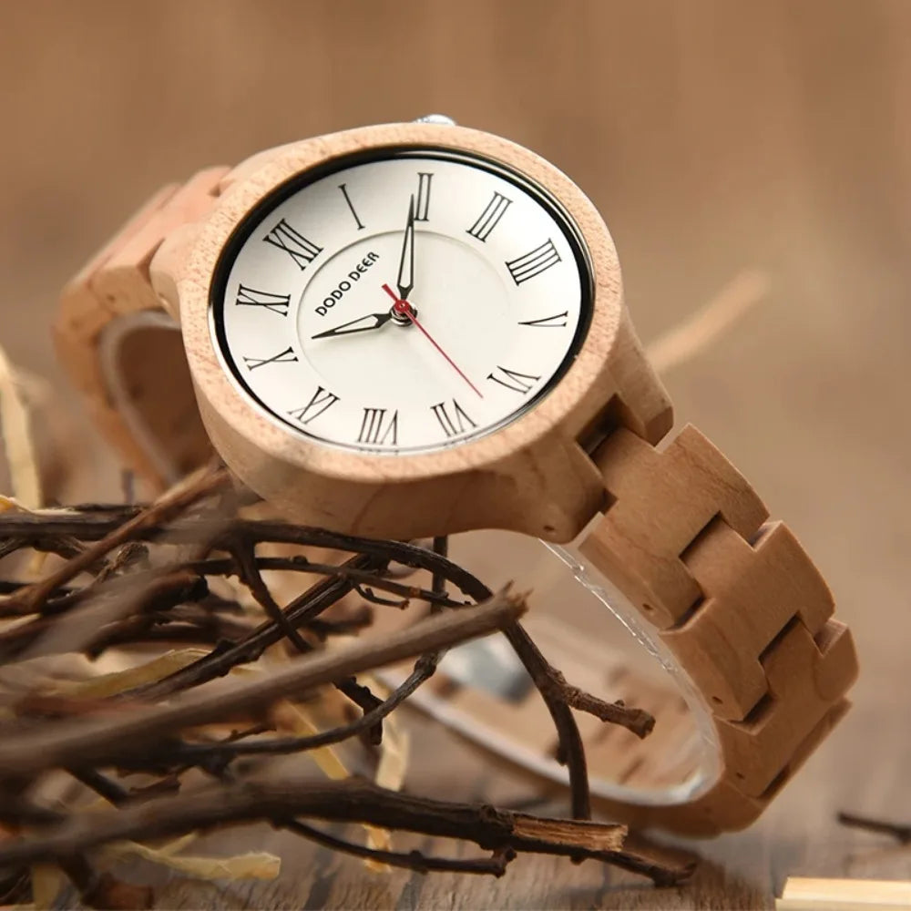 Women's Wooden Fashion Watch - Classic Retro Analog Display With Tound Face And Quartz Movement