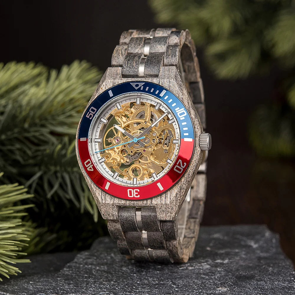 Men's Mechanical Wooden Automatic Watch - Hollow-Carved Mechanical Skeleton Wristwatch