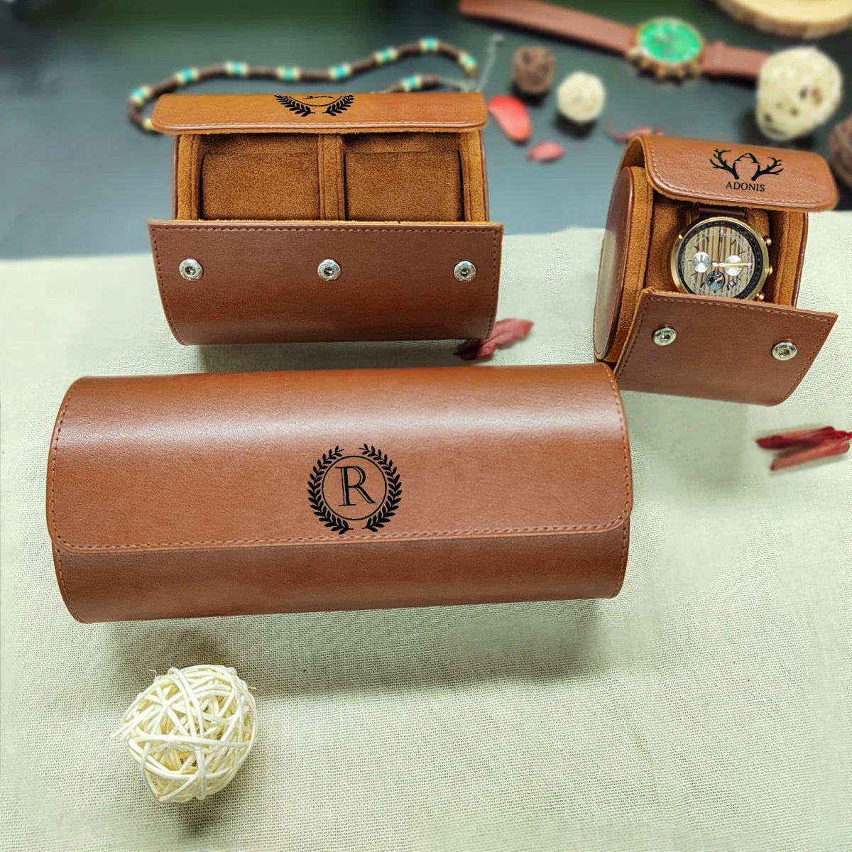 1/2/3-Slot Watch Roll Personalized Leather Travel Case - Custom Watch Case - Watch Storage Box
