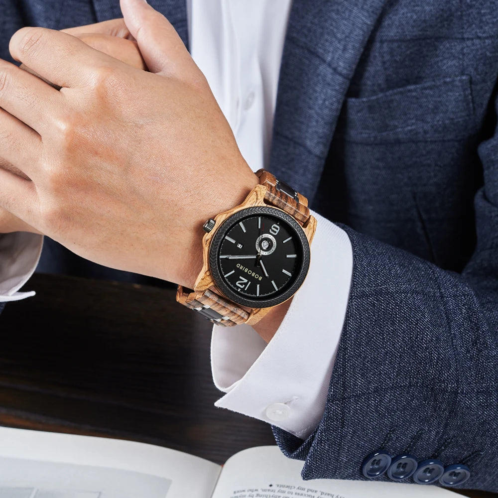 Mens Wooden Watch - Analog Watch for Men With Gift Box - Round Face Quartz Movement