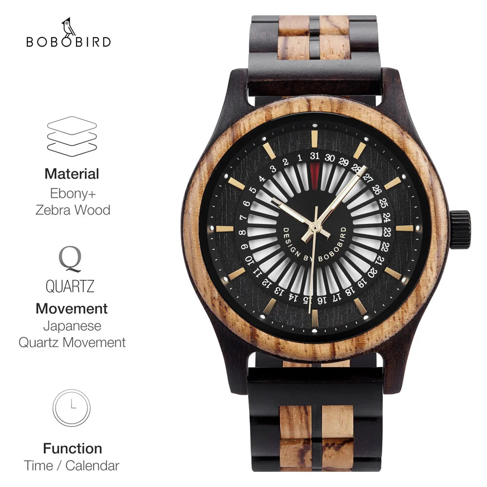 Unique Men's Wooden Watch Design - Chronographic Date Display On Face Wristwatch for Men