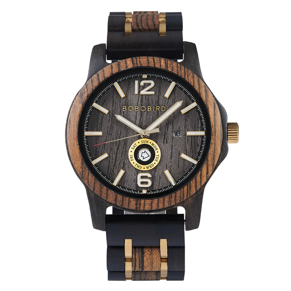 Mens Wooden Watch - Analog Watch for Men With Gift Box - Round Face Quartz Movement
