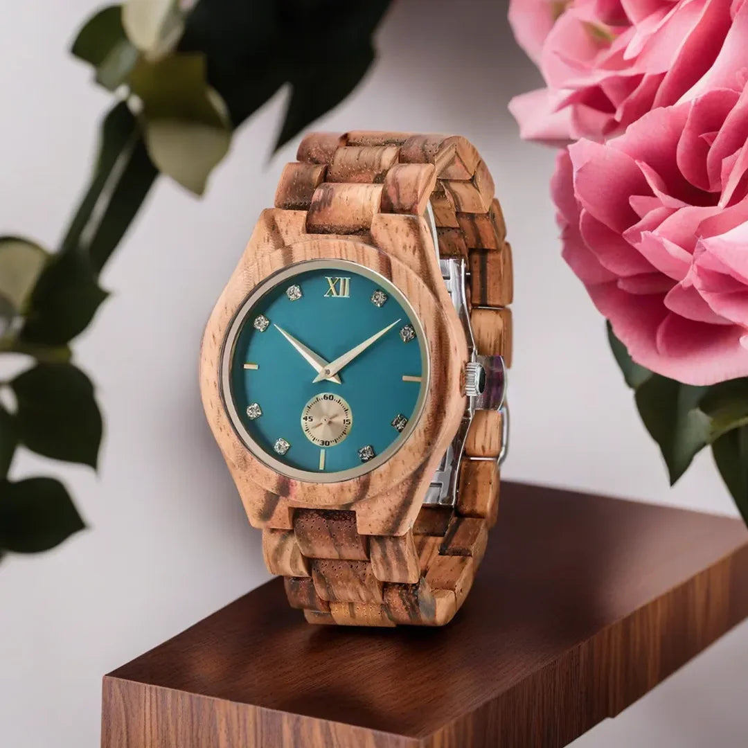 Women’s Gold Luxury Wooden Watch - Casual Fashion Wrist Watch For Women With Simulated Diamond Dial