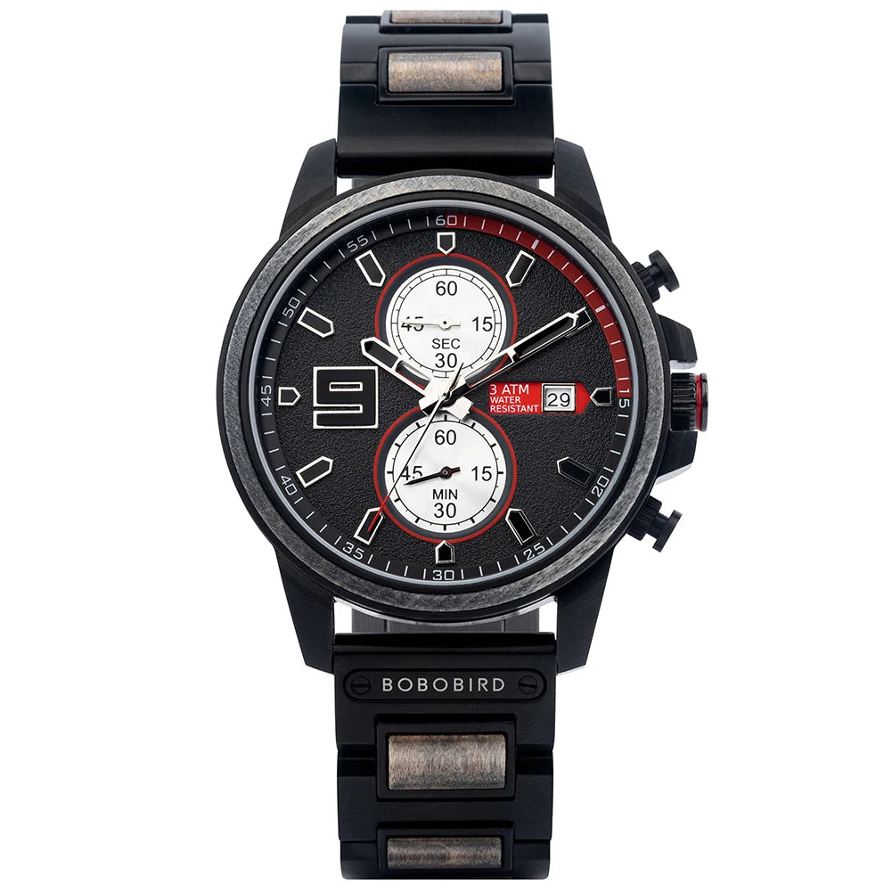 Men's Stylish Wood & Stainless Steel Combination Watch - Quartz Movement Chronographic Date & Time Face