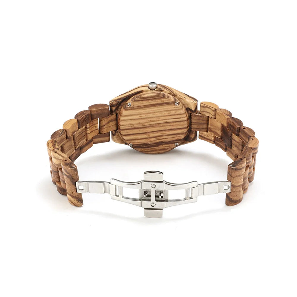 Women’s Wooden Watch With Decorative Rhinestones - Natural Wood Dial And Bracelet Wristwatch For Ladies