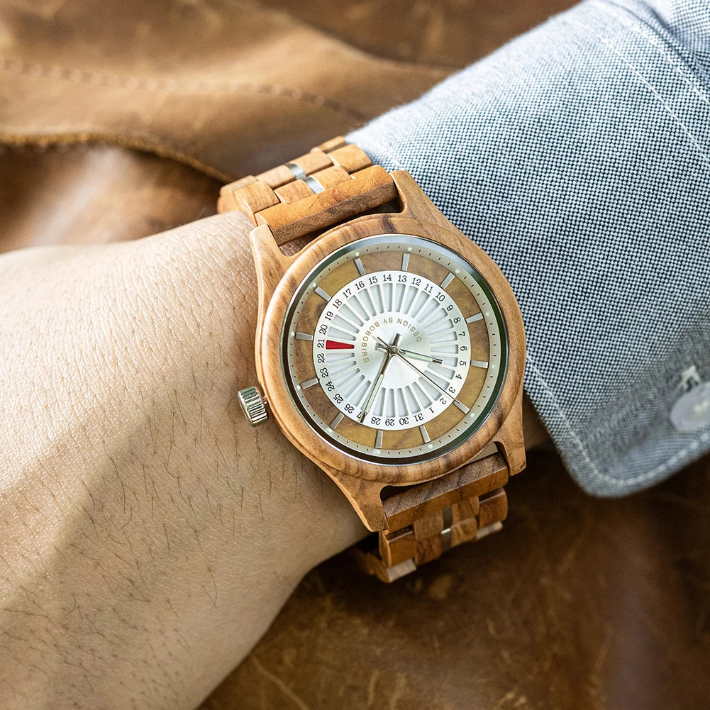 Unique Men's Wooden Watch Design - Chronographic Date Display On Face Wristwatch for Men