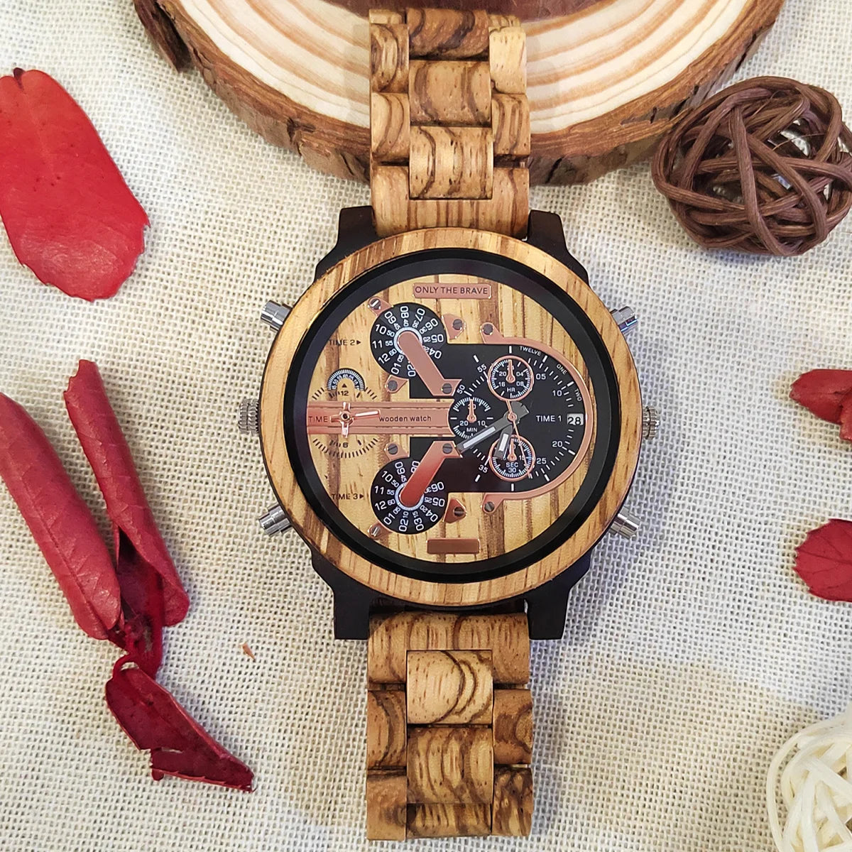 Men's Large Chronographic Dial Wooden Watch - Sports Style With Luminous Hands And Quartz Movement