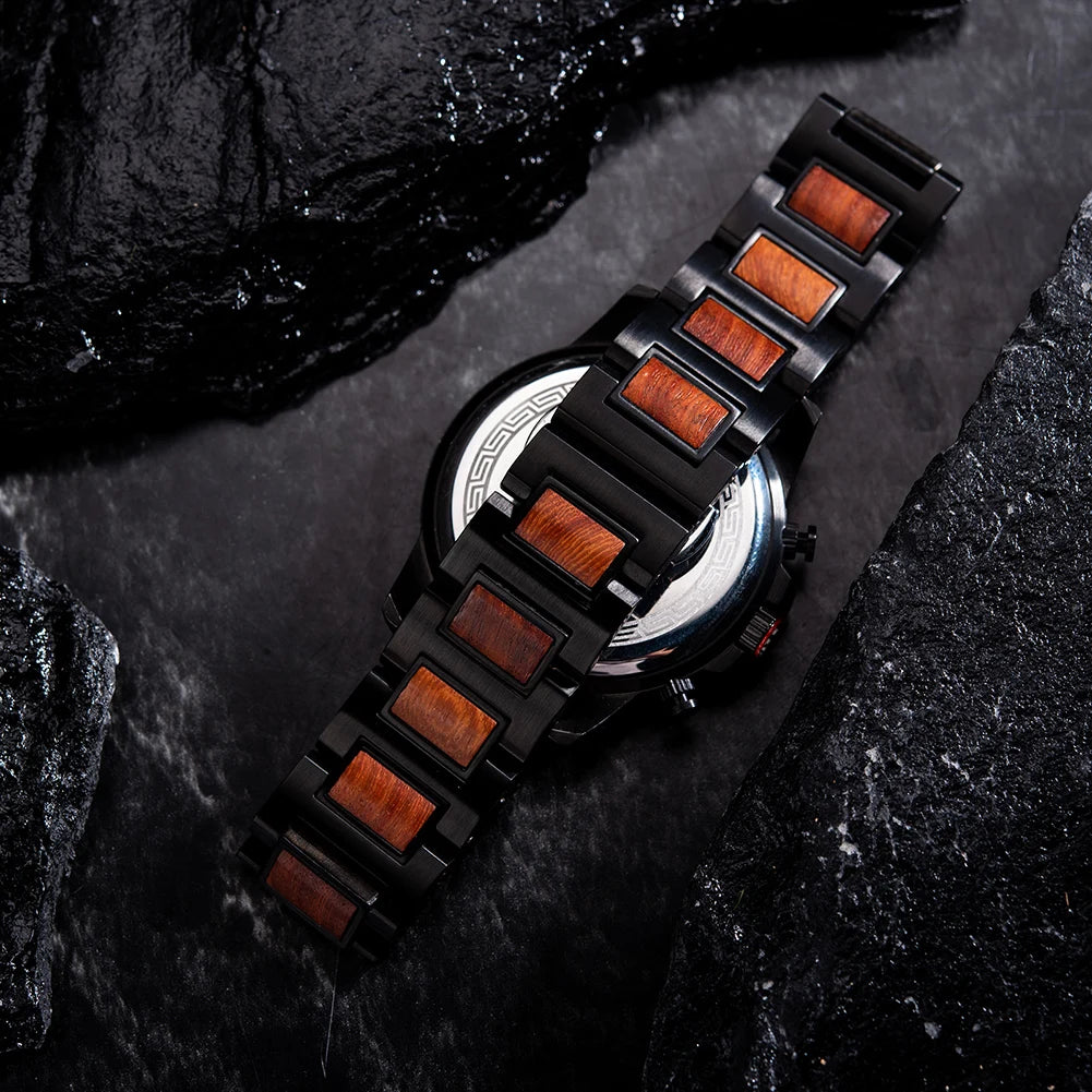Men's Stylish Wood & Stainless Steel Combination Watch - Quartz Movement Chronographic Date & Time Face