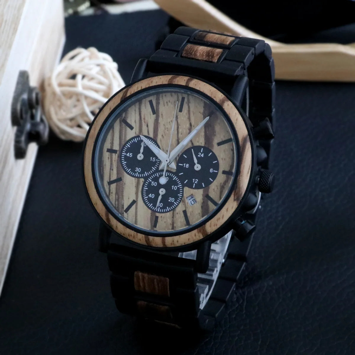 Men's Wooden Watch - Chronographic Stylish Quartz Movement with Luminous Hands
