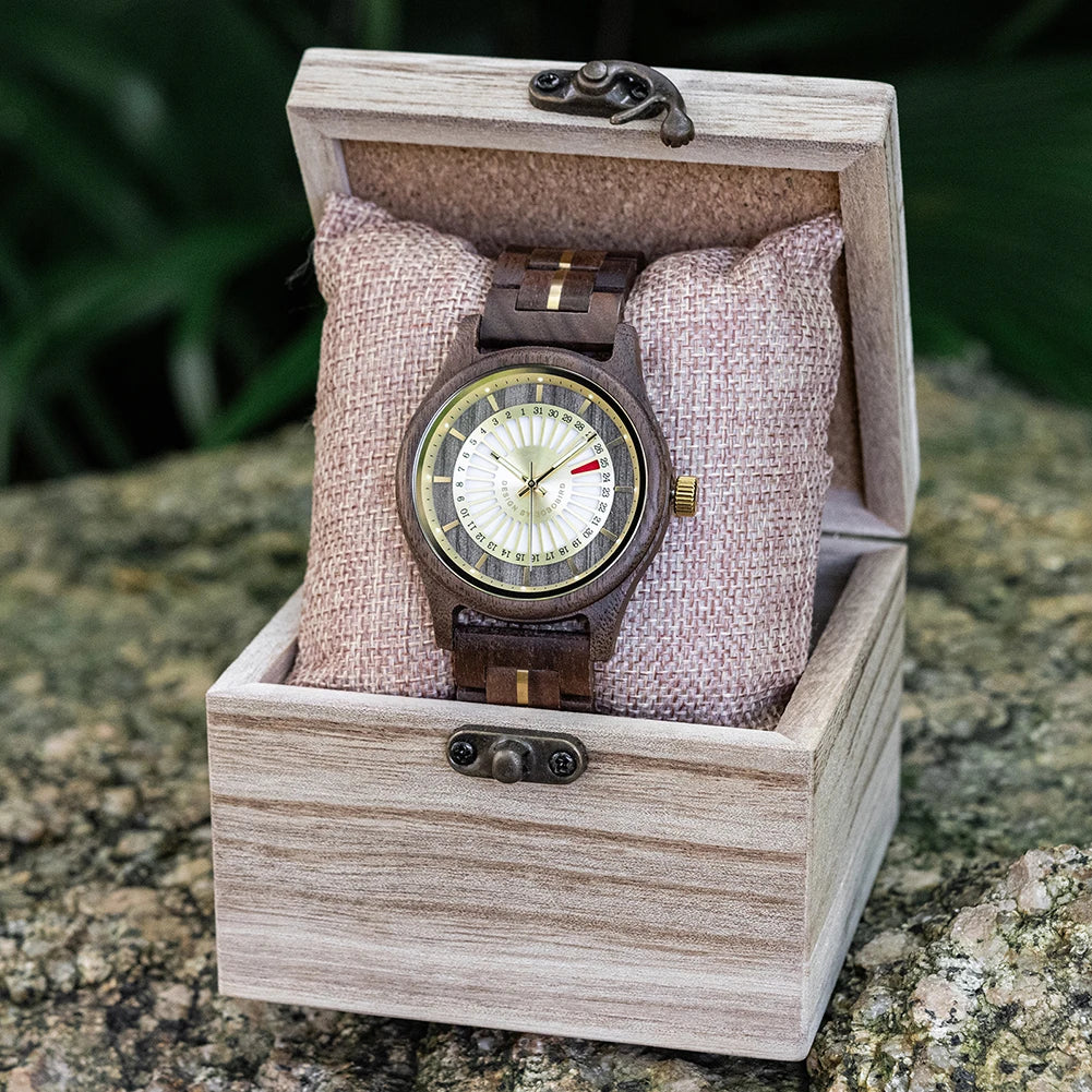 Unique Men's Wooden Watch Design - Chronographic Date Display On Face Wristwatch for Men