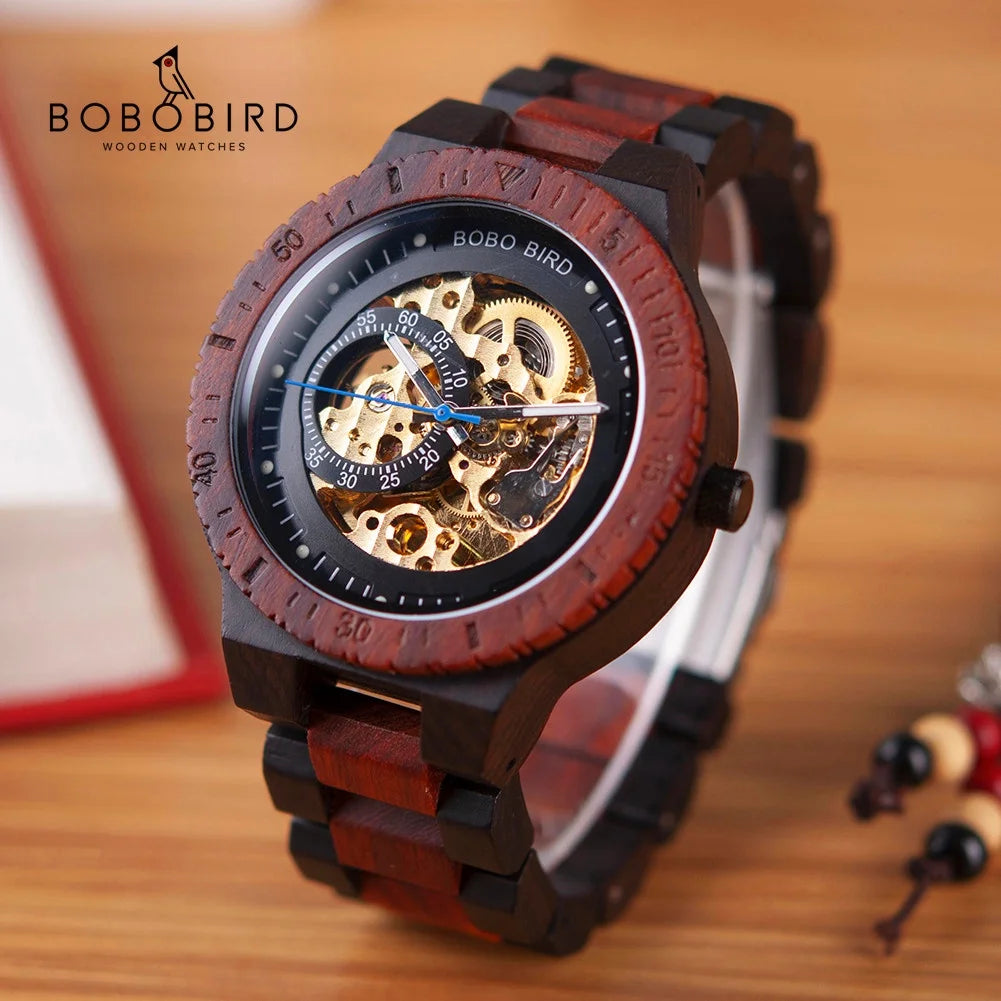 Men's Automatic Wooden Watch - Self-Wind Mechanical Skeleton Wristwatch