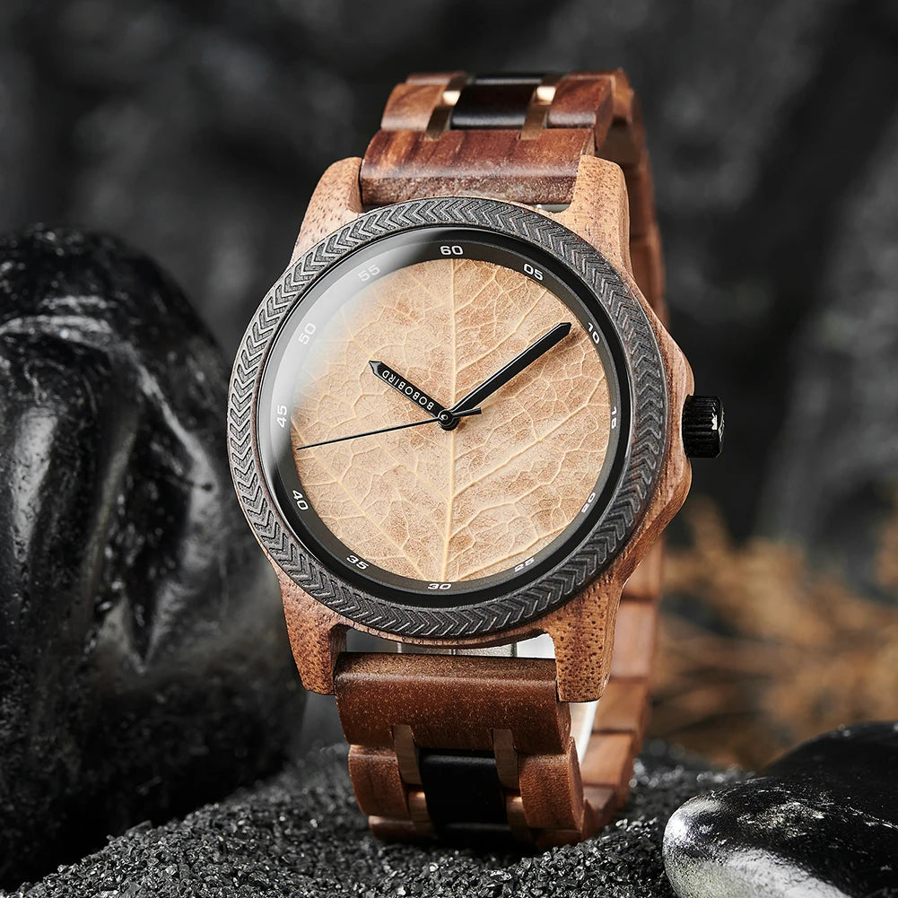 Men's Unique Leaf Dial Design Wooden Wristwatch - Quartz Movement - Analog Display