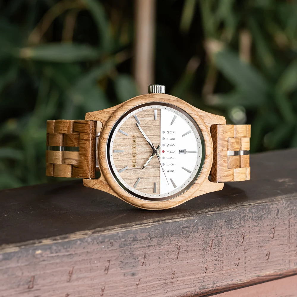 Men's Wooden Wooden Wristwatch - Quartz Movement with Week & Date Display Calendar