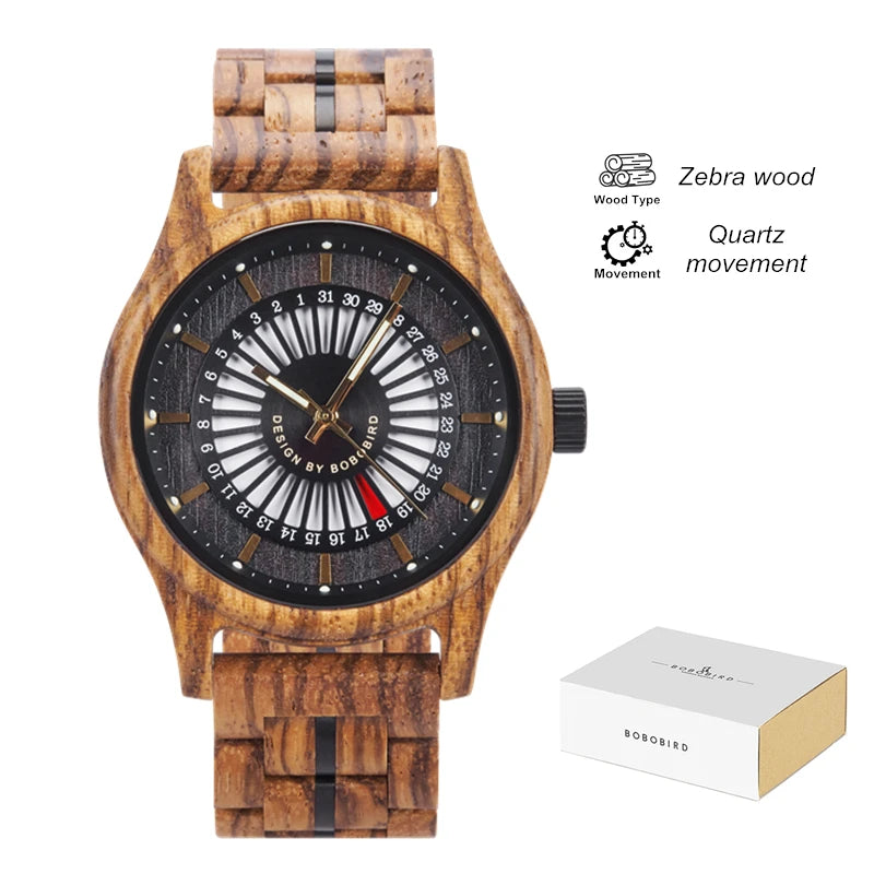 Unique Men's Wooden Watch Design - Chronographic Date Display On Face Wristwatch for Men