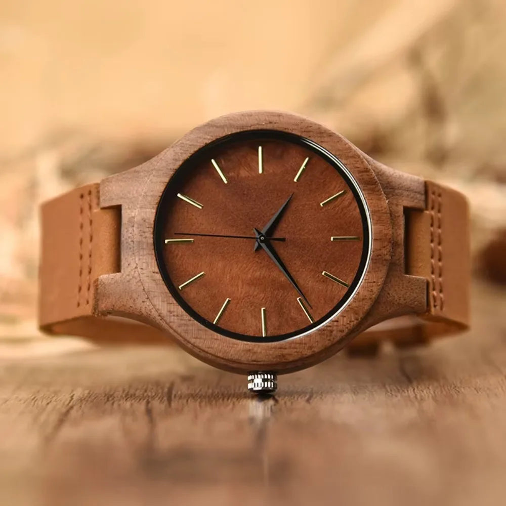 Wooden Unisex Wrist Watches - Classic Analog Quartz Movement With Tan Leather Band