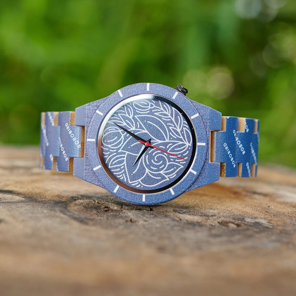 Men's Bamboo Wooden Watch with Pattern - Quartz Movement Pattern Printed Colorful Wristwatch