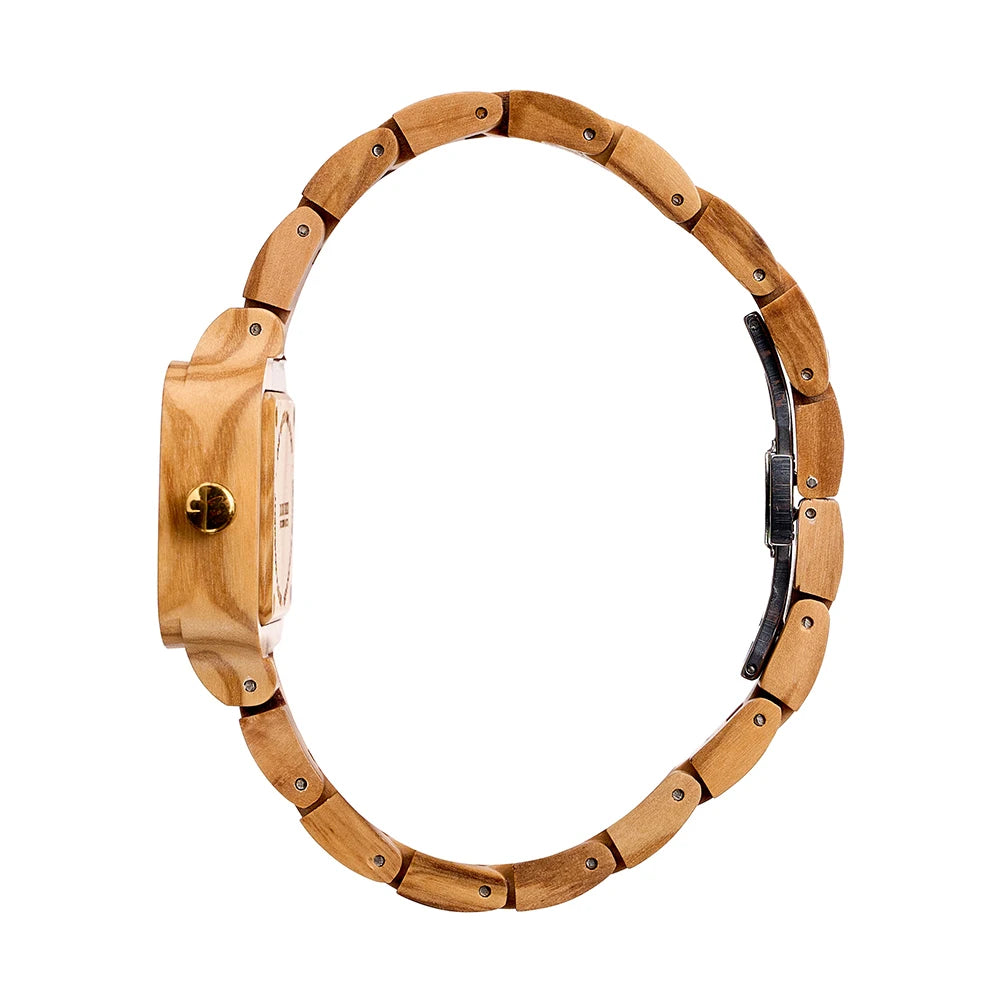 Women’s Wooden Quartz Wristwatch With Square Face - Black Numberless Analog Display