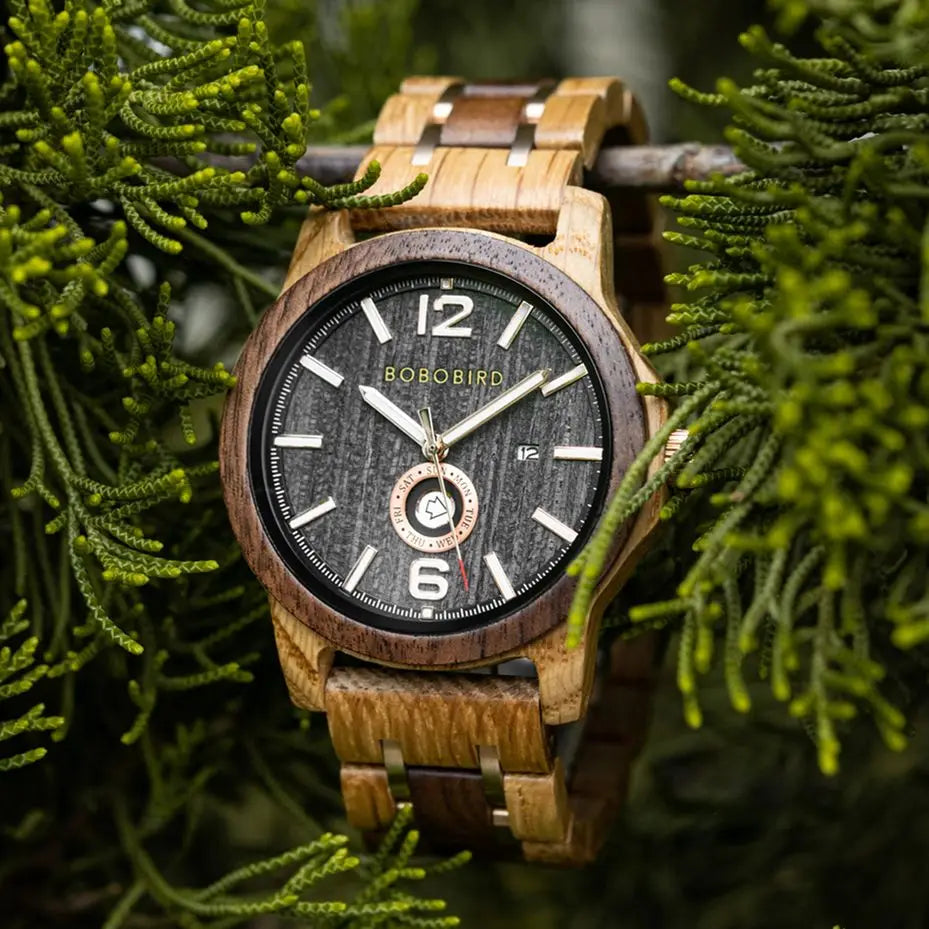 Mens Wooden Watch - Analog Watch for Men With Gift Box - Round Face Quartz Movement