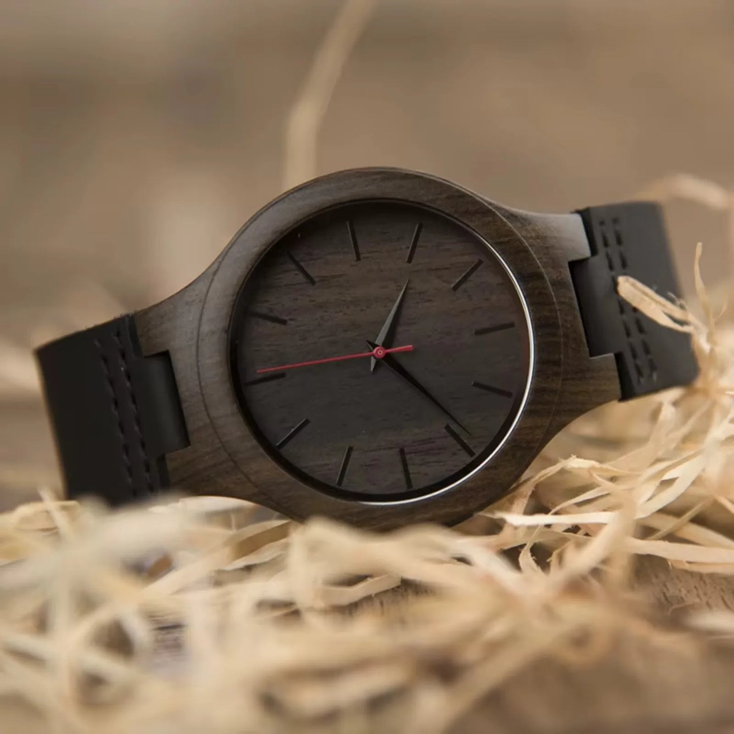 Men’s Wooden Watch With Round Analog Face - Quartz Movement Chocolate Colored Wooden Body