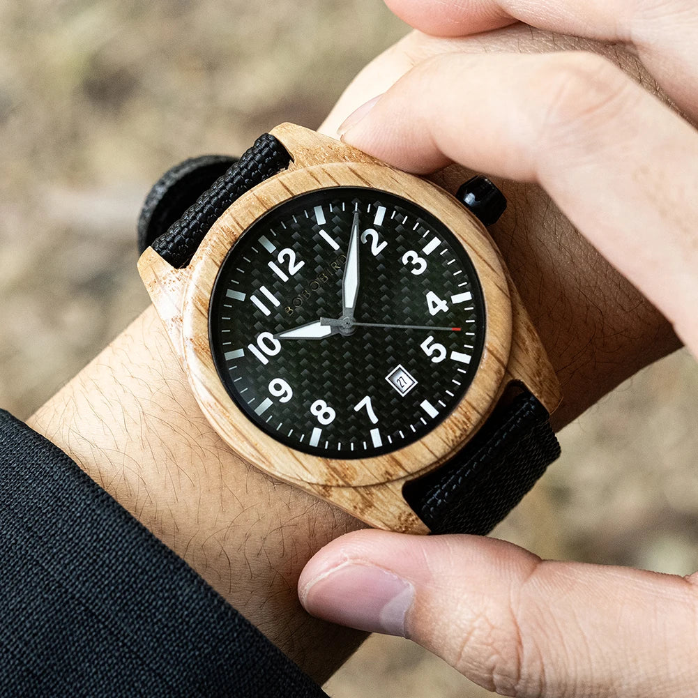 Men's Wooden Watch with Nylon Strap - Casual Wristwatch for Men - Quartz Movement & Analog Display