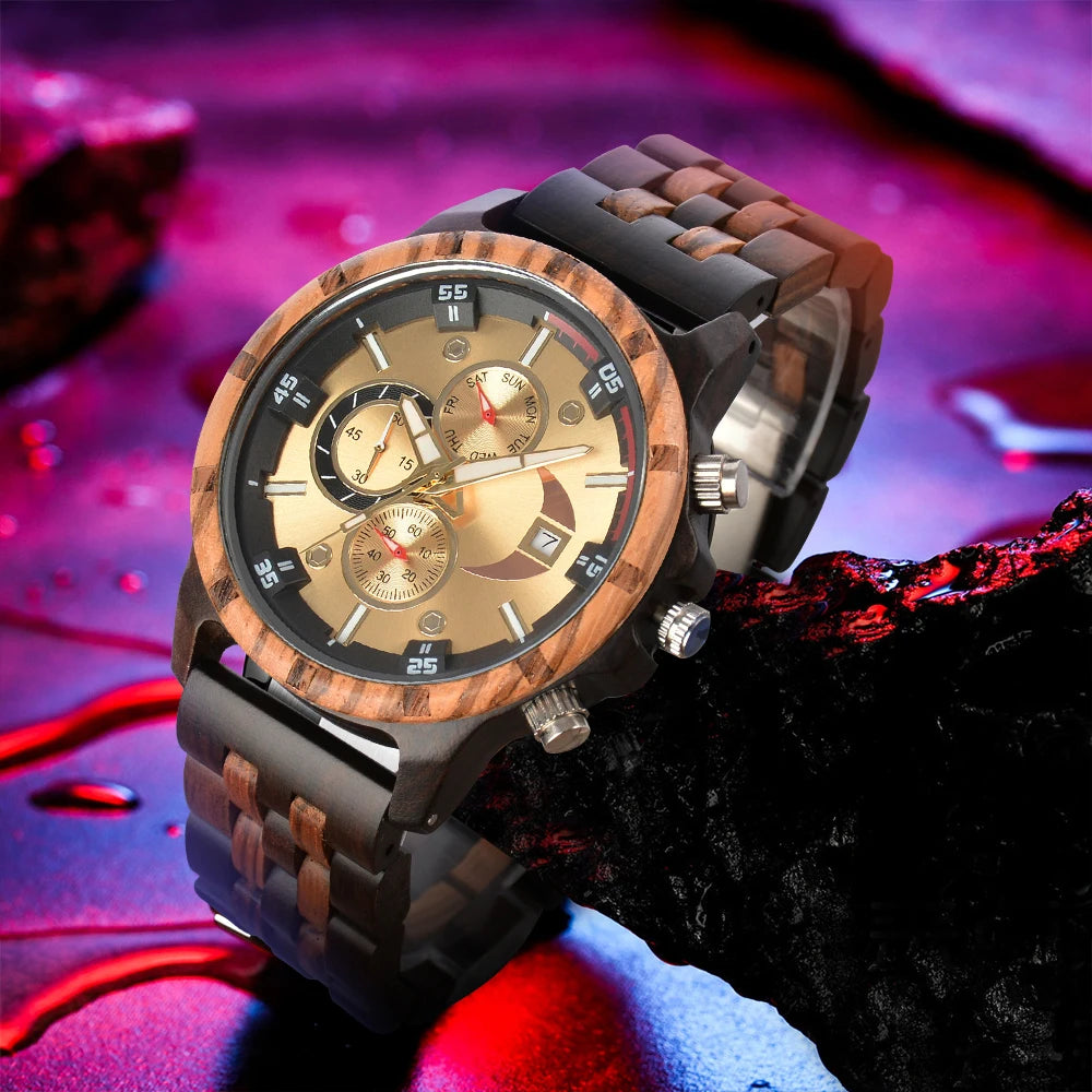 Men’s Sports Fashion Wooden Watch - Chronographic Analog Face With Luminous Hands