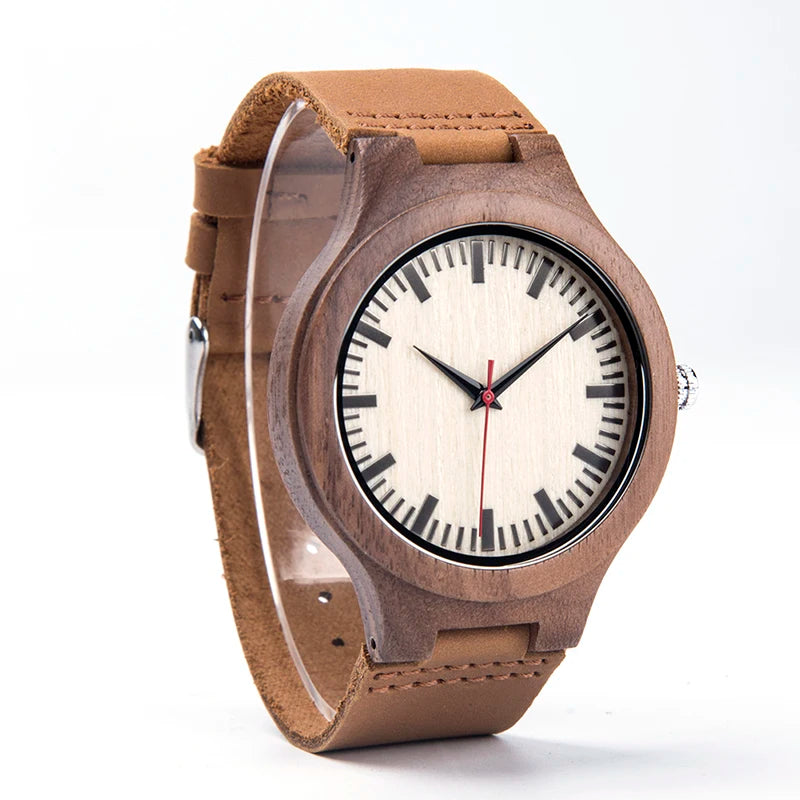 Wooden Unisex Wrist Watches - Classic Analog Quartz Movement With Tan Leather Band