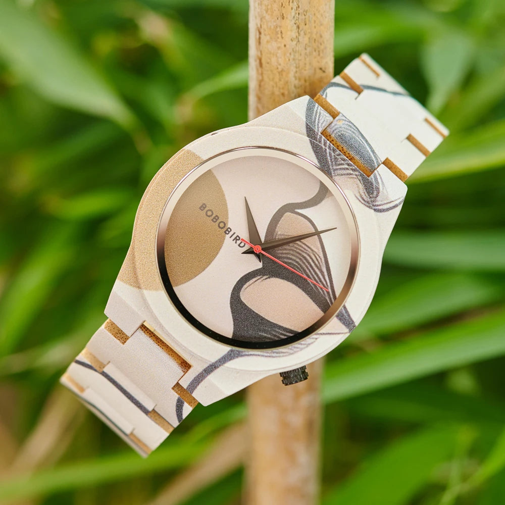 Men's Bamboo Wooden Watch with Pattern - Quartz Movement Pattern Printed Colorful Wristwatch