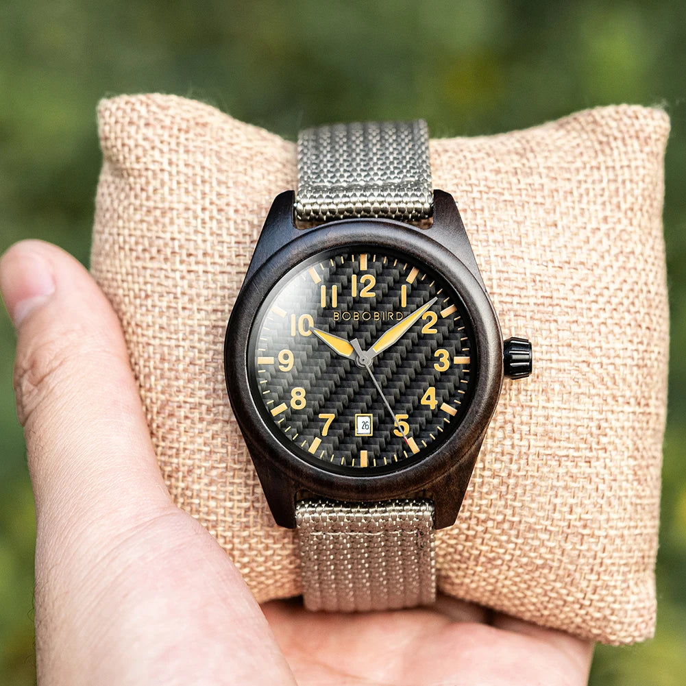Vintage Mens Wooden Watch - Nylon Strap Casual Wristwatch for Men