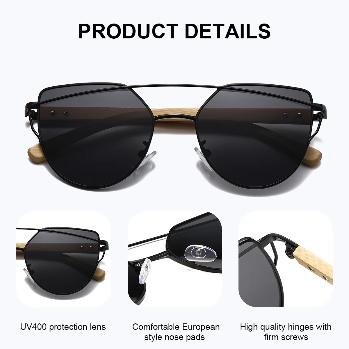 Women’s Sunglasses With Cat Eye Shaped Polarized Lenses - Stainless Steel Rims With Bamboo Legs