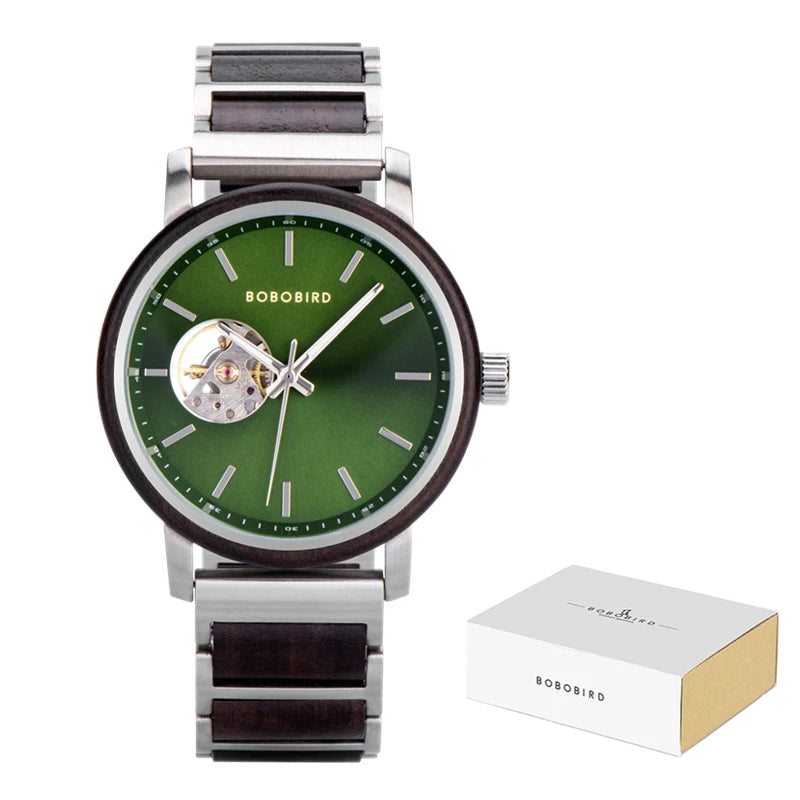 Men's Automatic Watch - Wood & Stainless Steel Combined - Mechanical Movement Self-Winding Wristwatch