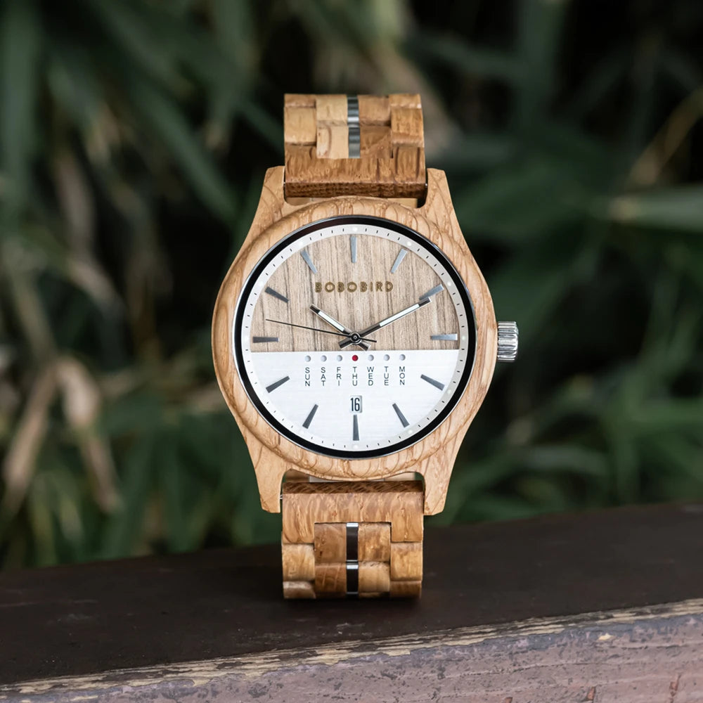 Men's Wooden Wooden Wristwatch - Quartz Movement with Week & Date Display Calendar