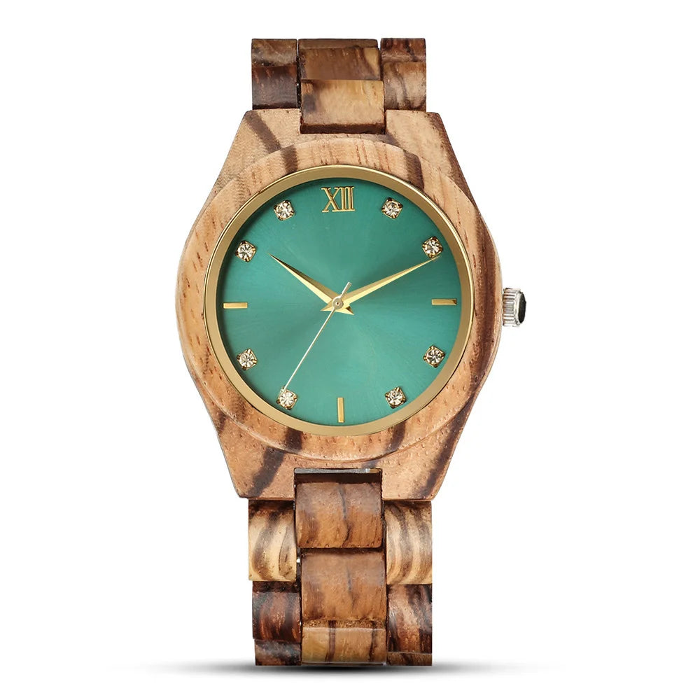Women’s Wooden Watch With Decorative Rhinestones - Natural Wood Dial And Bracelet Wristwatch For Ladies