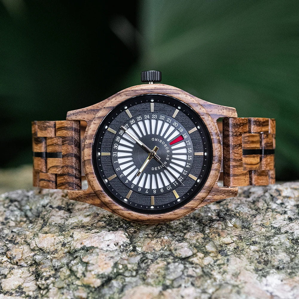 Unique Men's Wooden Watch Design - Chronographic Date Display On Face Wristwatch for Men
