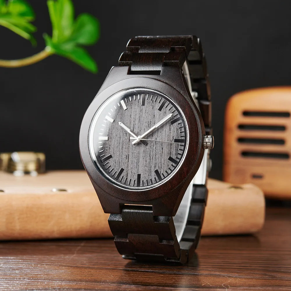 Men's Wooden Watch for Casual Dress - Wrist Watch with Ebony Wood and Analog Face