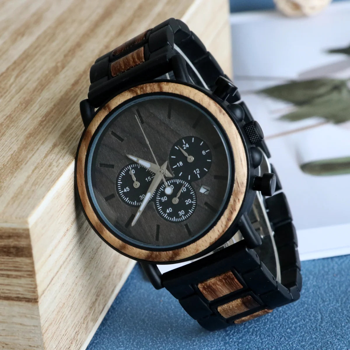 Men's Wooden Watch - Chronographic Stylish Quartz Movement with Luminous Hands