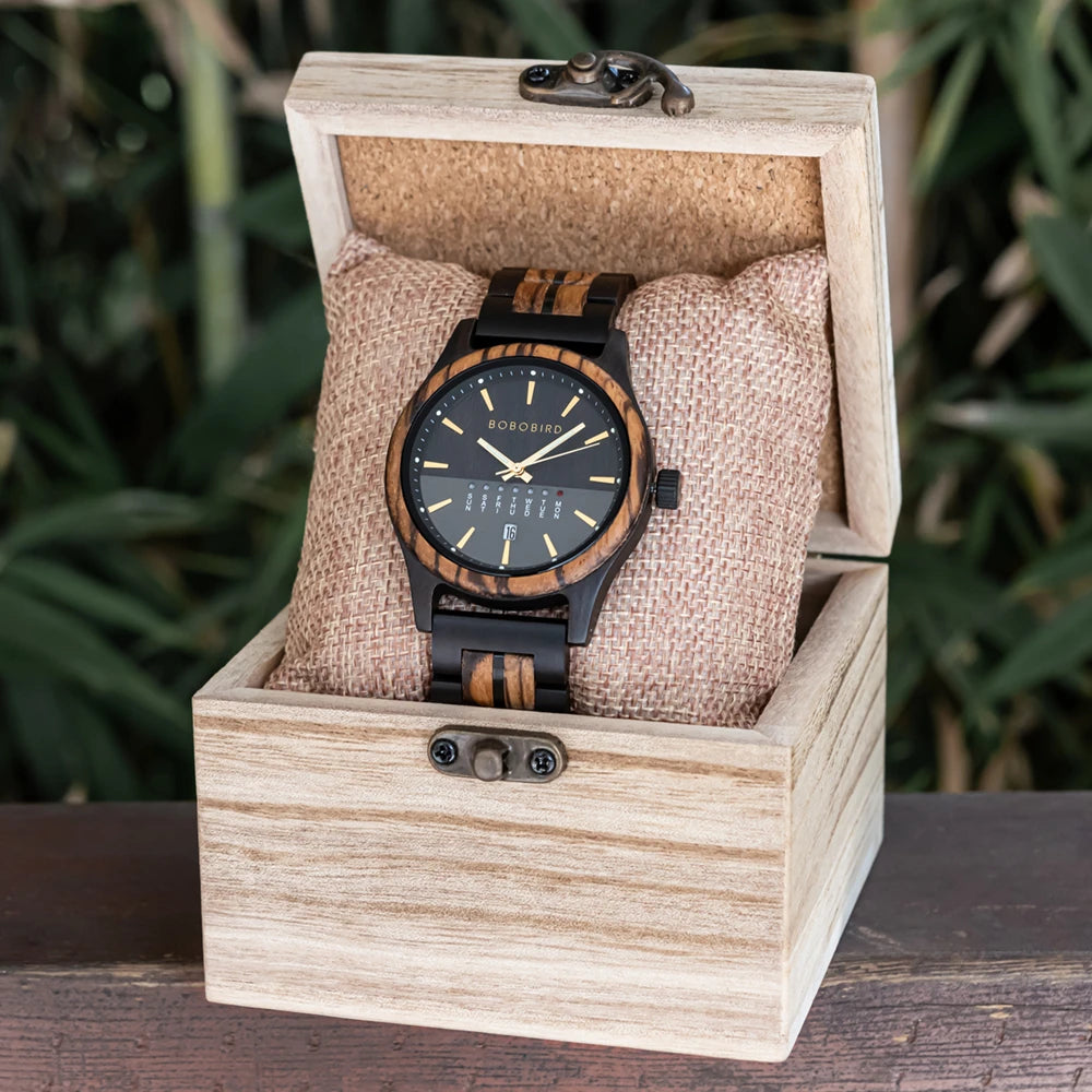 Men's Wooden Wooden Wristwatch - Quartz Movement with Week & Date Display Calendar