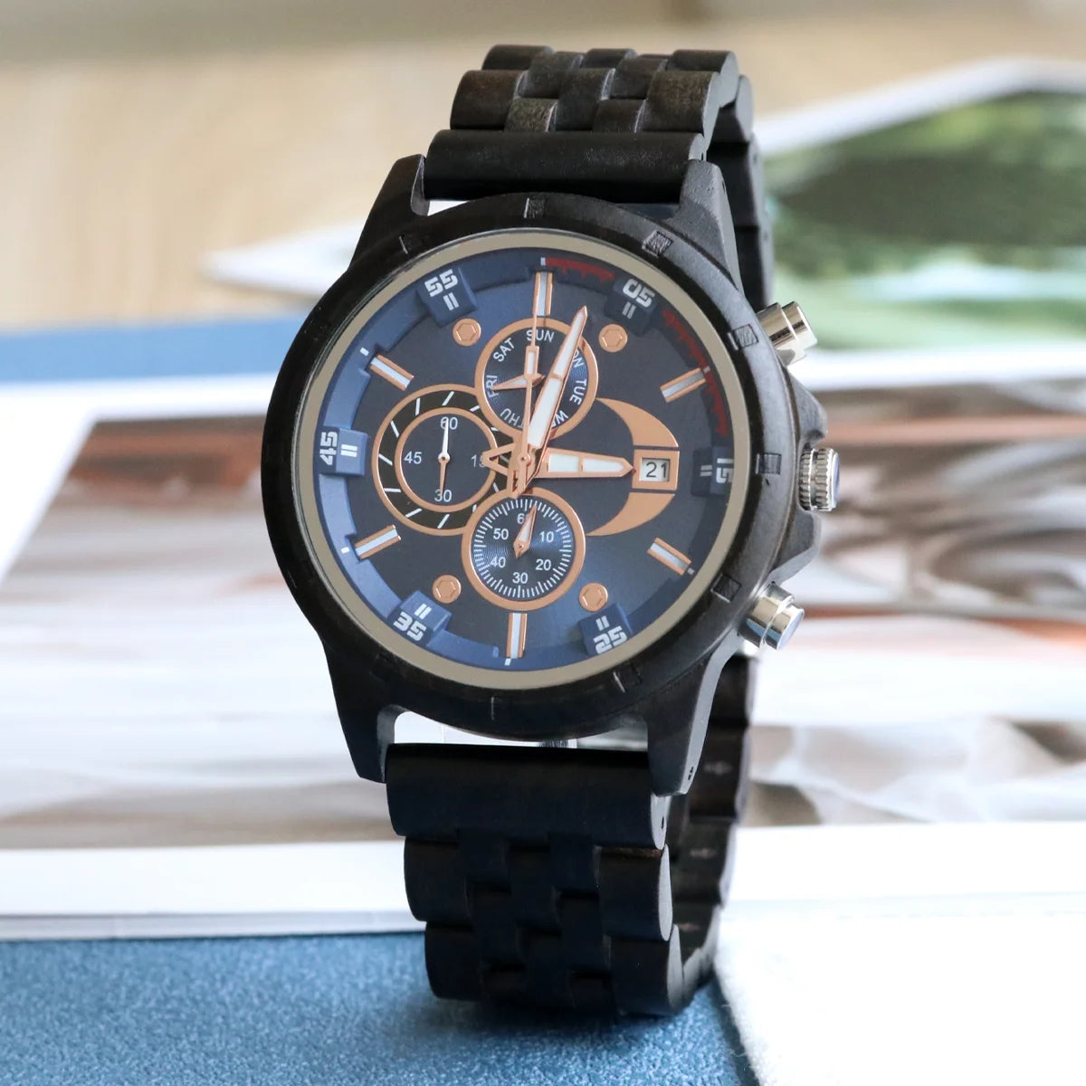 Men’s Sports Wooden Wrist Watch - Multifunction Analog Face & Quartz Movement