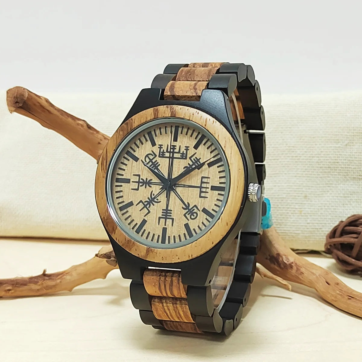Men’s Analog Wooden Watch With Viking Symbol Face - Classic Quartz Movement