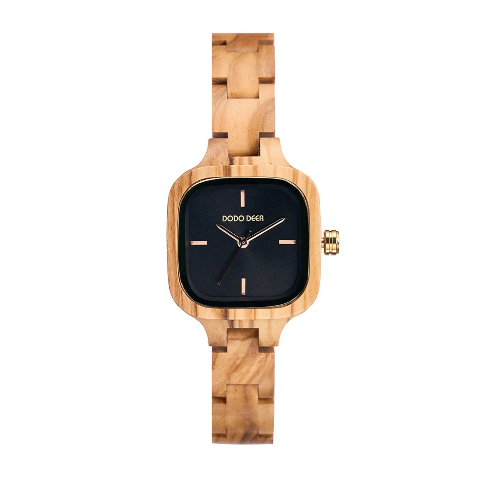 Women’s Wooden Quartz Wristwatch With Square Face - Black Numberless Analog Display