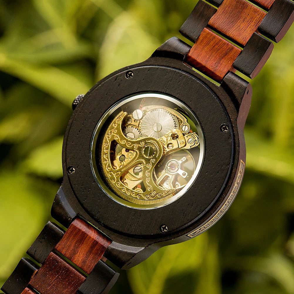 Men's Automatic Wooden Watch - Self-Wind Mechanical Skeleton Wristwatch