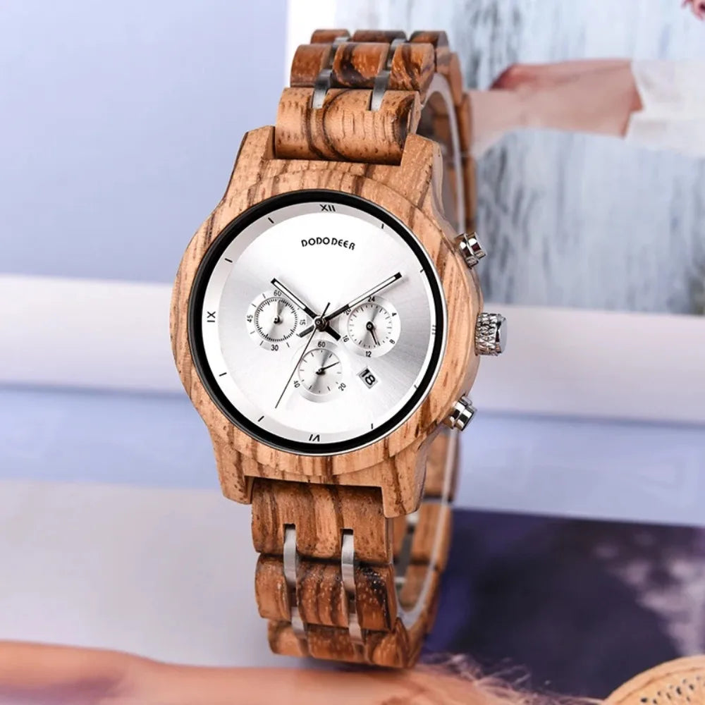Women’s Luxury Wooden Watch with Chronograph Date and Quartz Movement