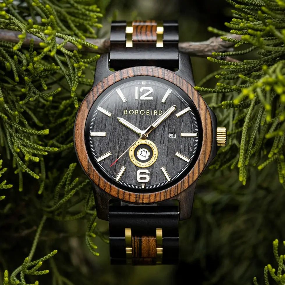 Mens Wooden Watch - Analog Watch for Men With Gift Box - Round Face Quartz Movement