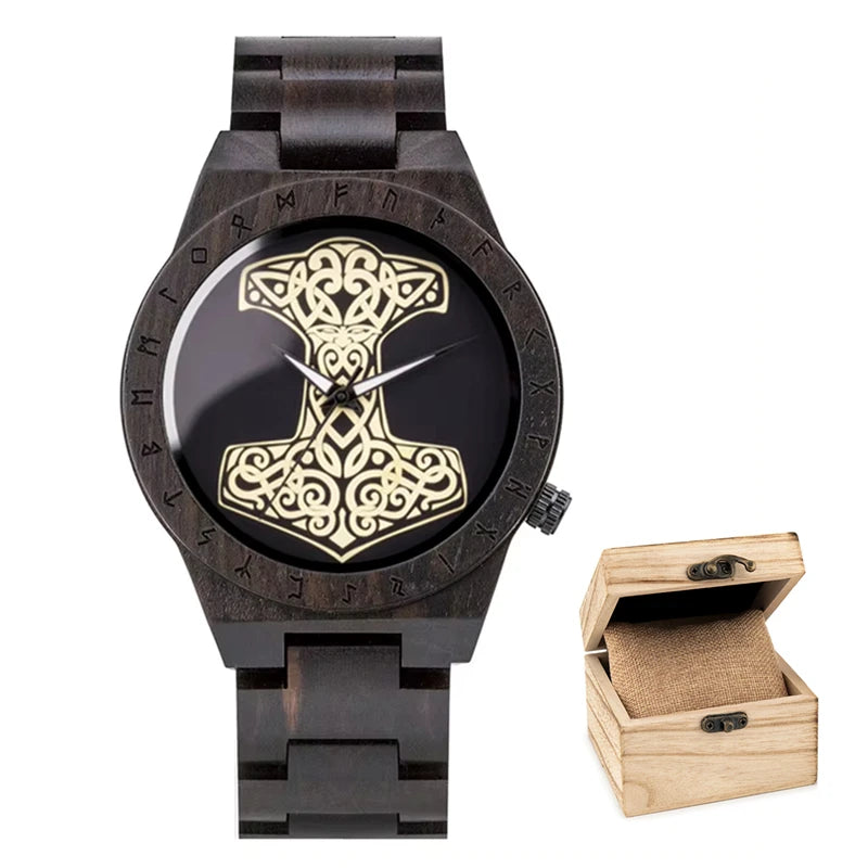 Men's Handmade Wooden Wristwatch - Viking Style Carved Round Face - Quartz Movement