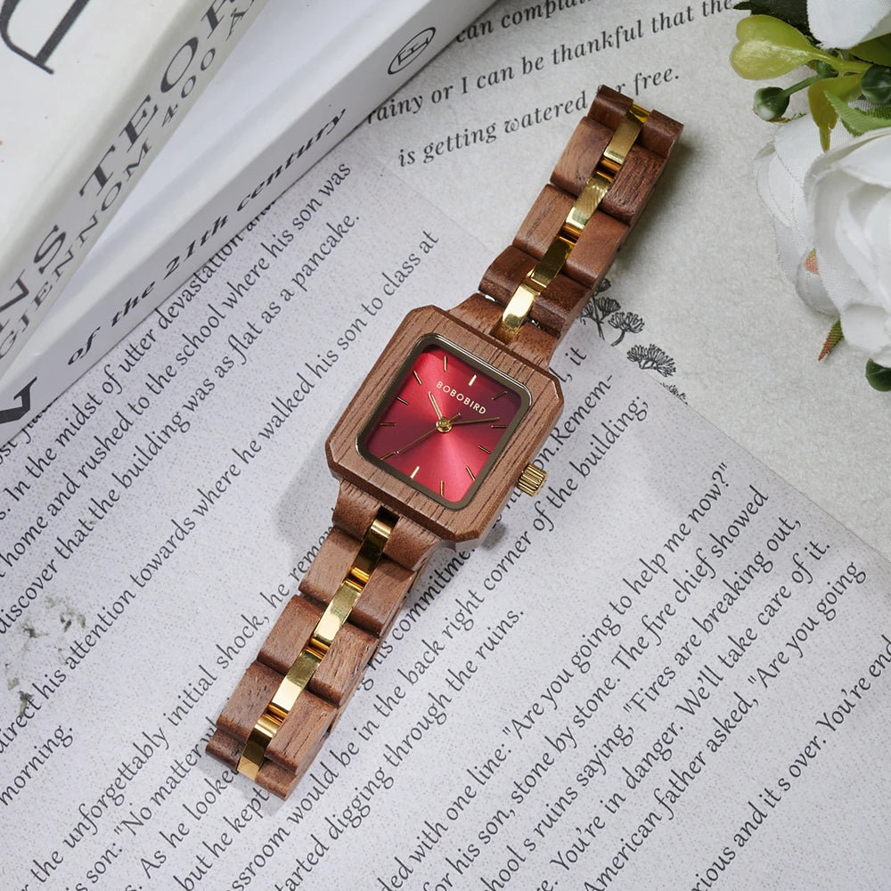 Fashion Women's Watch Wooden Links Square Face Wrist Watch for Ladies Special Gift