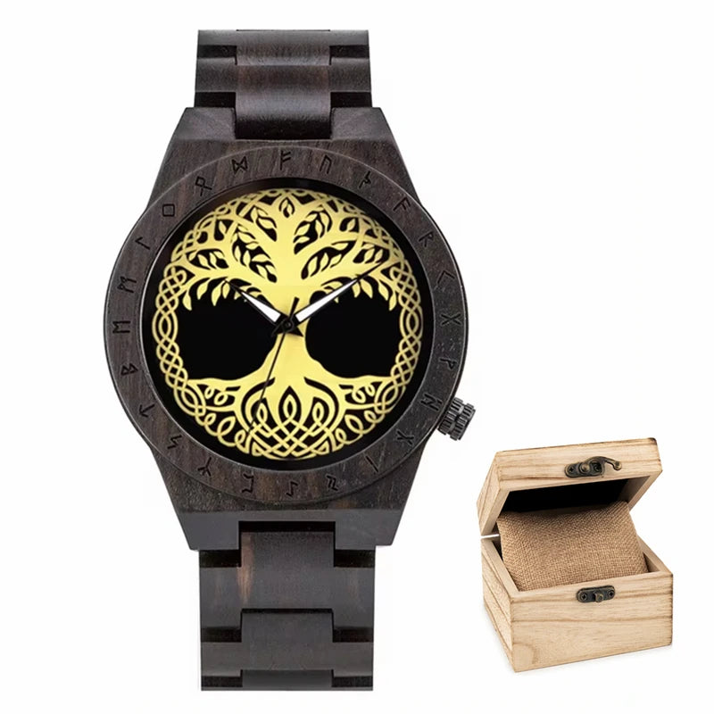 Men's Handmade Wooden Wristwatch - Viking Style Carved Round Face - Quartz Movement