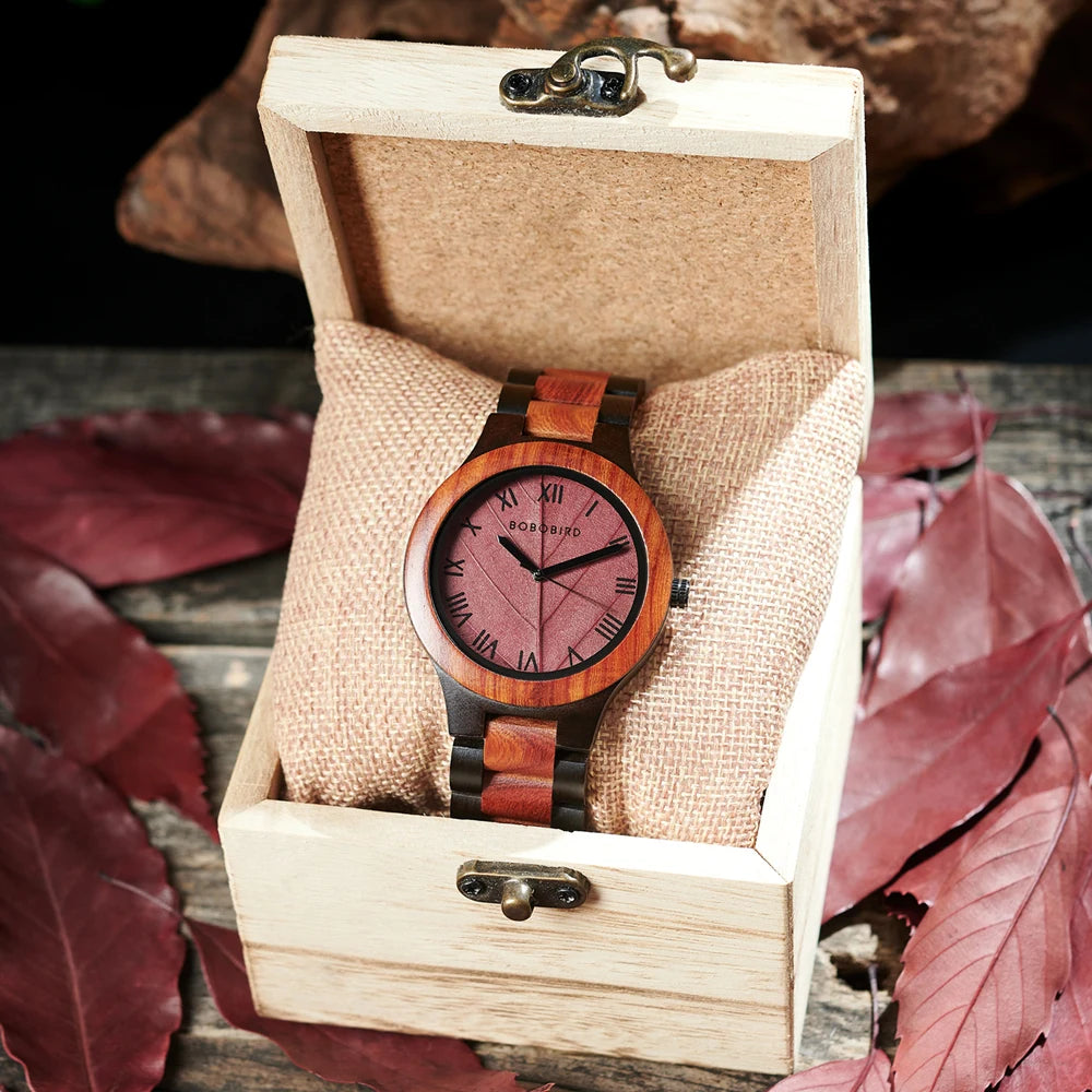 Wooden Mens Watch with Leaf Dial Design - Quartz Movement and Round Face - Casual Dress Wristwatch for Men