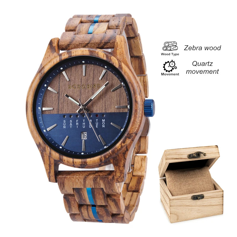 Men's Wooden Wooden Wristwatch - Quartz Movement with Week & Date Display Calendar